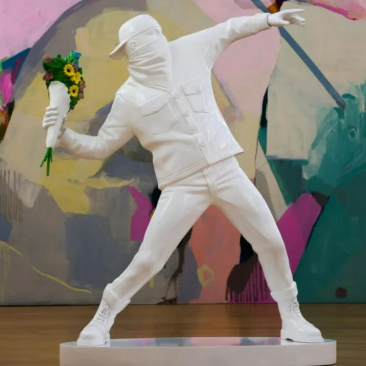 Banksy Flower Thrower statue at 2B Art Gallery