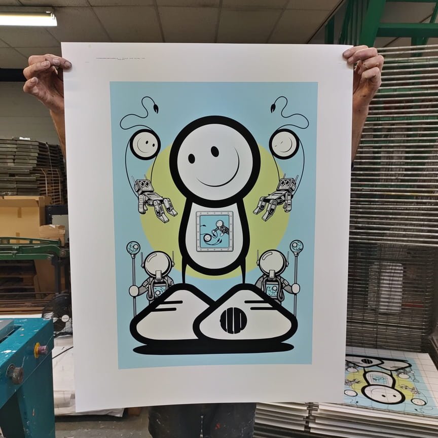 Lad flanked by minions blue limited edtion print by The London Police