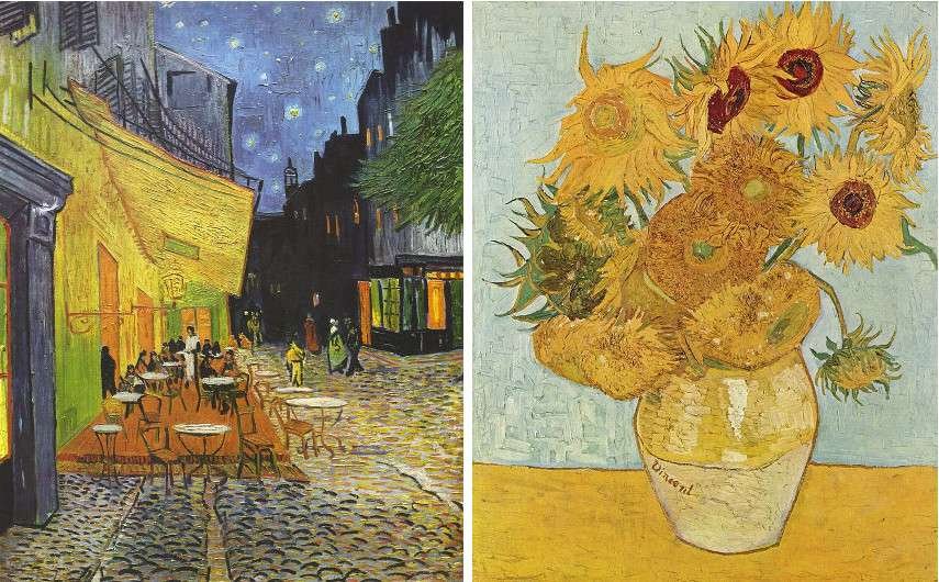 Vincent van Gogh - The Café Terrace on the Place du Forum, Arles, at Night, 1888 (left) - Still Life Vase with Twelve Sunflowers, 1888 (right)
