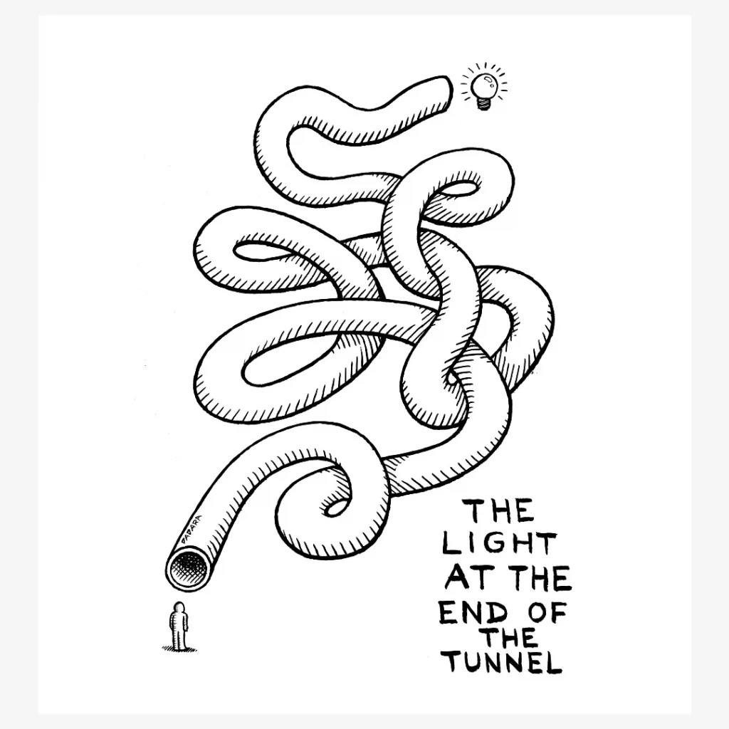 An original drawing by Dadara entitled The Light At The End of The Tunnel