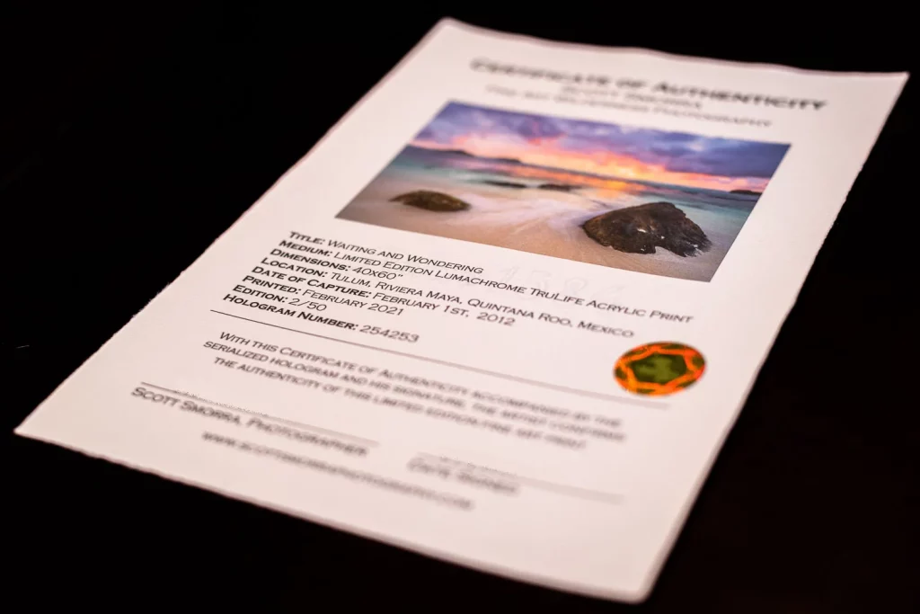 A Certificate of Authenticity for the print titled, "Waiting and Wondering" by Scott Smorra