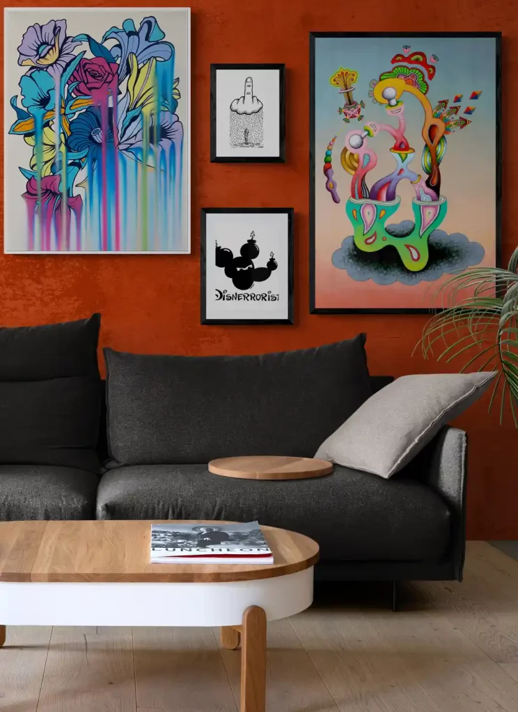 Gallery wall of urban artworks in a living room