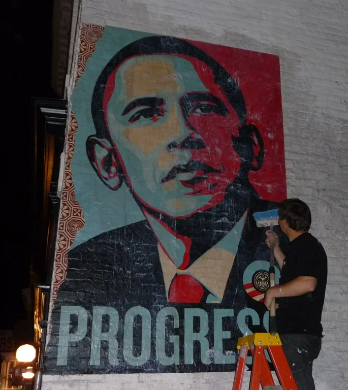 Shepard Fairey creates wheatpaste Obama poster